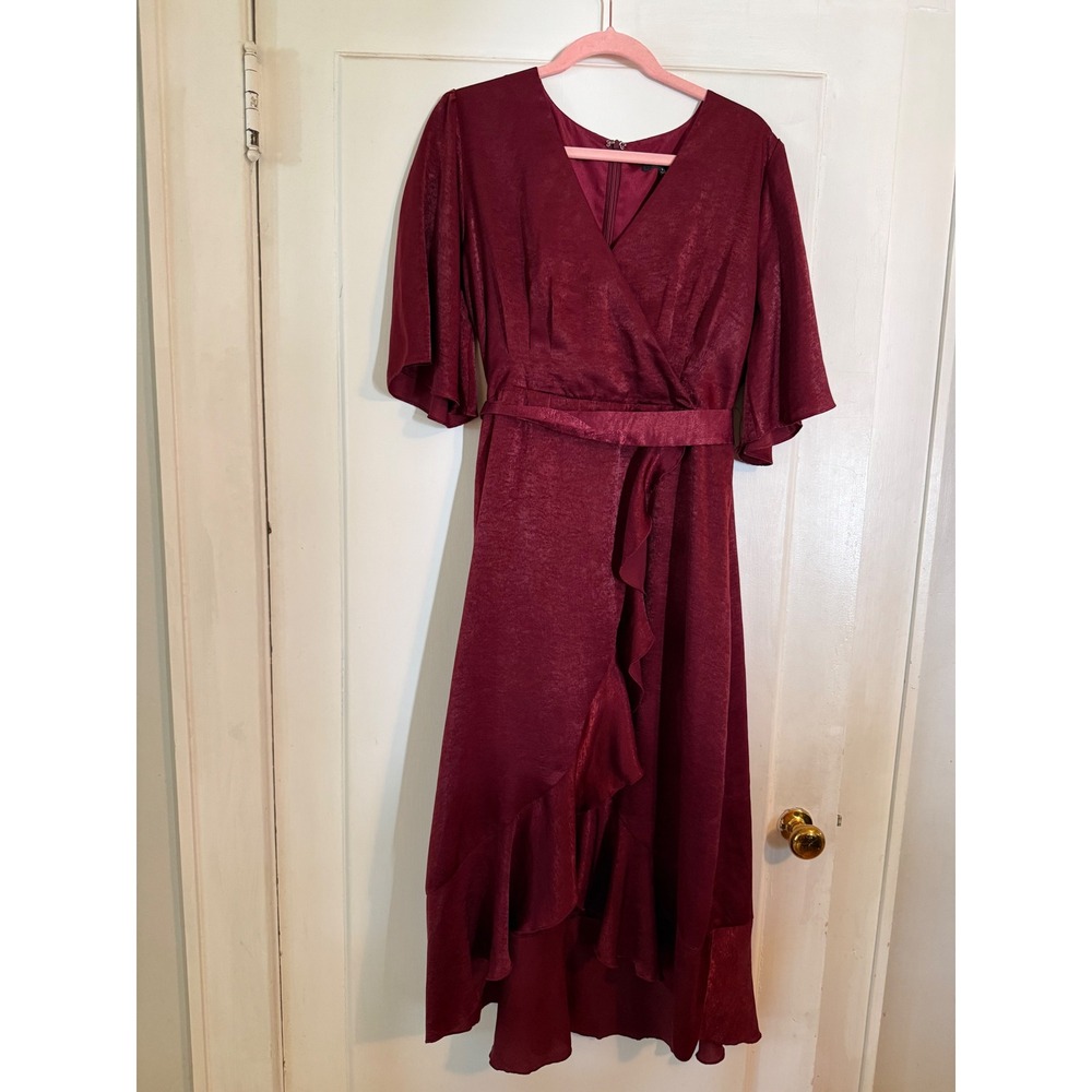 Lulus Burgundy Satin Ruffle High-Low Maxi Dress XL Short Sleeve Faux Wrap Wine